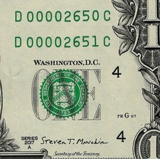 2 Consecutive 2017A $1 FRN Federal Reserve Notes Fancy Low S/N D00002650-2651C