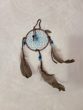 Small Dream Catcher   Brown Suede with Turquoise Stones and Feathers