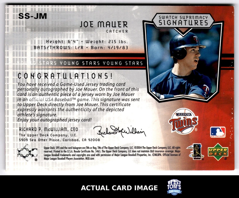 2004 SPx #SS-JM JOE MAUER Minnesota Twins AUTO HOF RC MEM #/999 EX-NM Foto 2 de 4