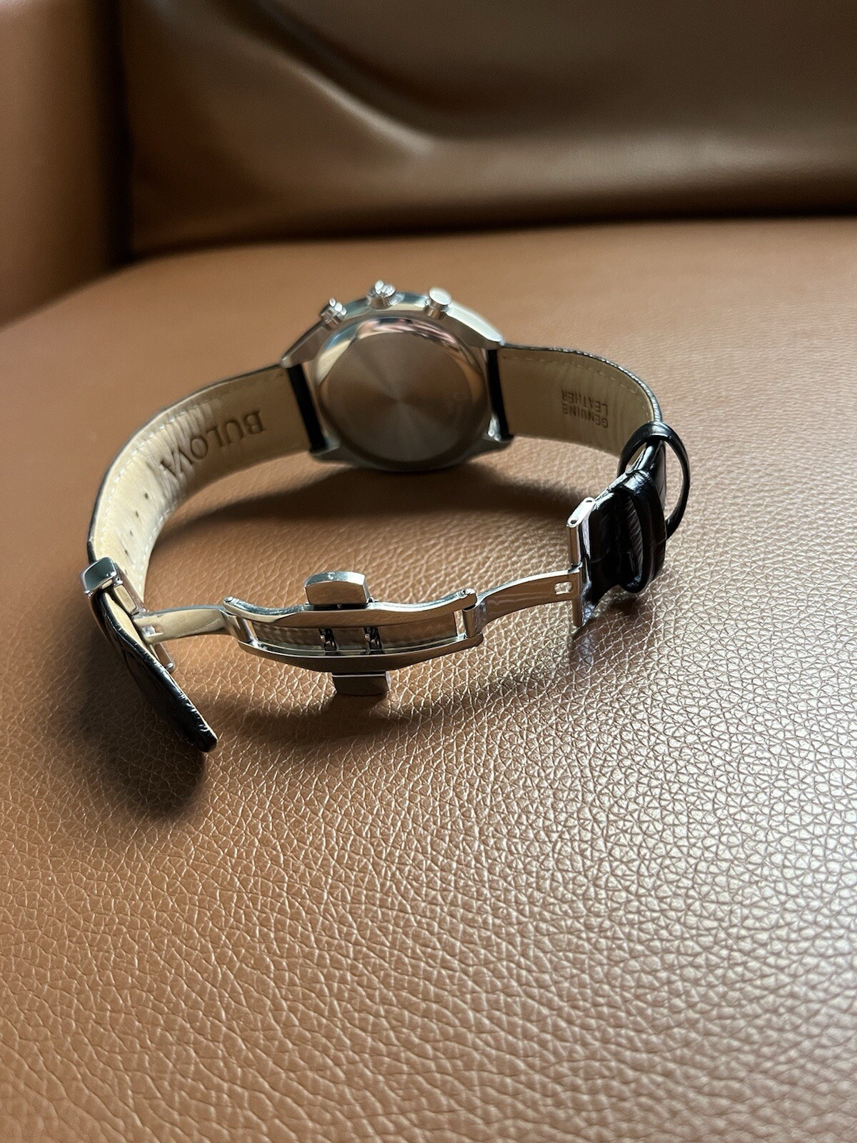 BULOVA 96C133 42mm Silver Stainless Steel Case Black Leather Strap Men