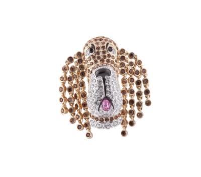 Basset Hound/Hush Welpe Brosche vergoldet Metalllegierung besetzt mit Emaille & Kristall