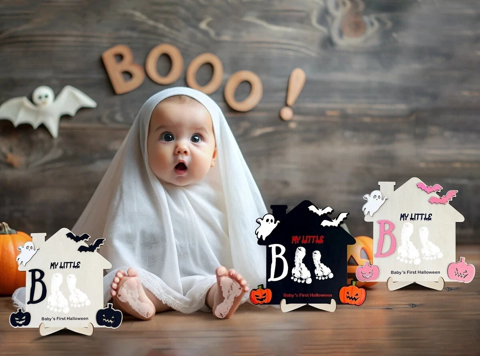 Placa Huella Halloween Primera Bebé Arte Madera Memoria Recuerdo Decoración Foto 4 de 4