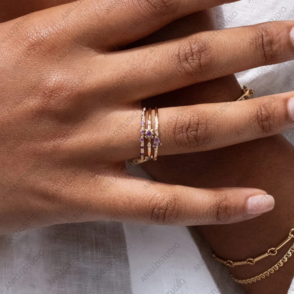 Natural Amethyst Ombre Band Ring 14k Gold Diamond Amethyst Stackable Band Ring - Image 3 of 4