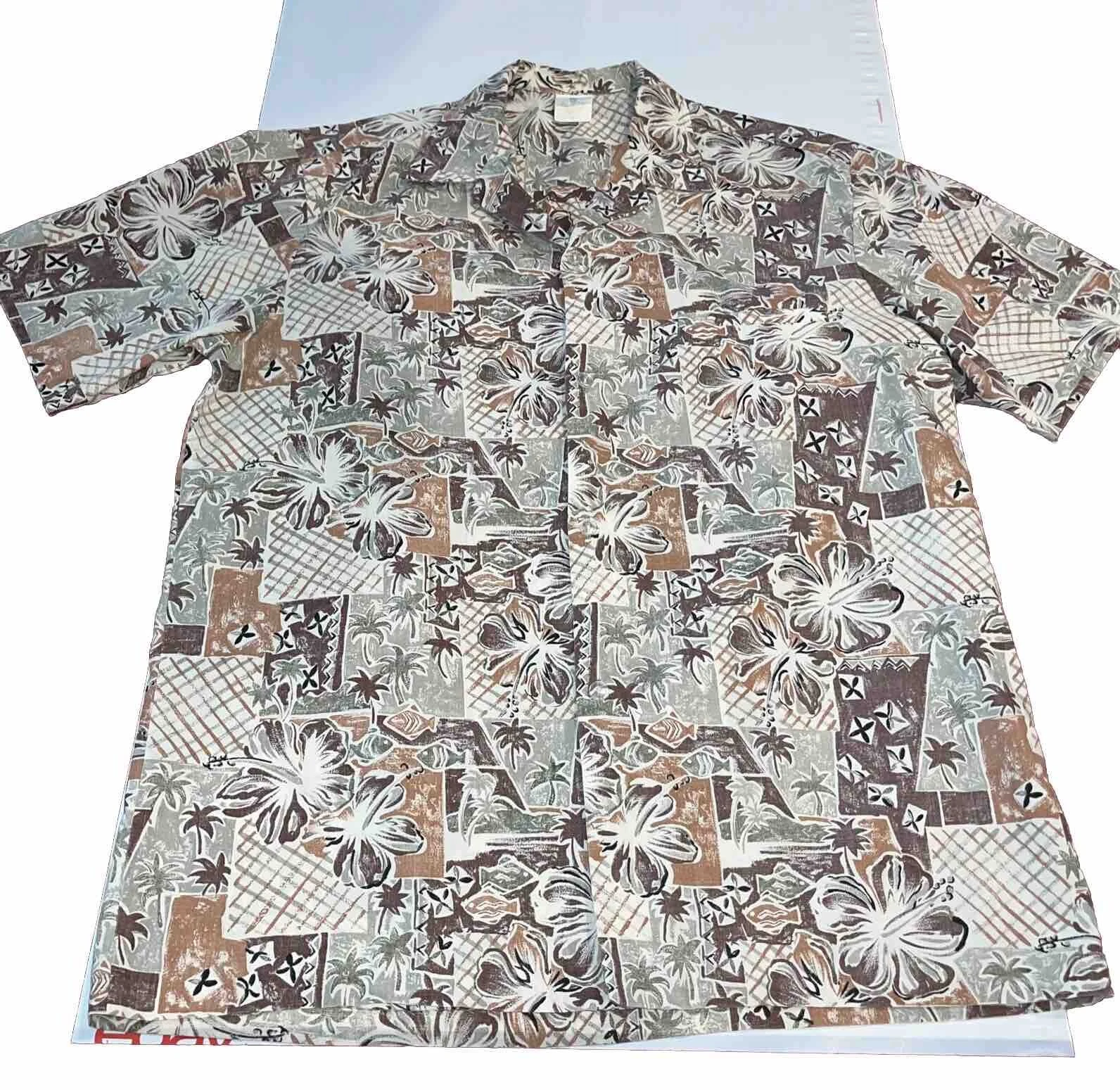 Hawaiian SHIRT RETRO VINTAGE Tan Palm Tree Geometric Brown Olive Fish Flowers M
Opens in a new windo