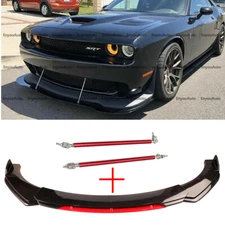For Dodge Challenger SRT SXT Front Bumper Lip Spoiler + Strut Rods Black Red
