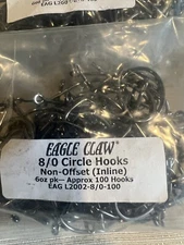 100 pack Eagle Claw 8/0 Non Offset In Line Circle Hooks Eag L2002-8/0 HTF Discon