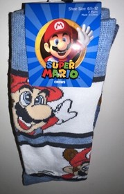 Super Mario Bros 3 Crew Socks 2 Pair Men 6.5-12 Blue Gray Red w Raccoon NES 8Bit