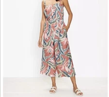 Loft Tropical Print Linen Blend Cropped Jumpsuit Wide Leg Medium