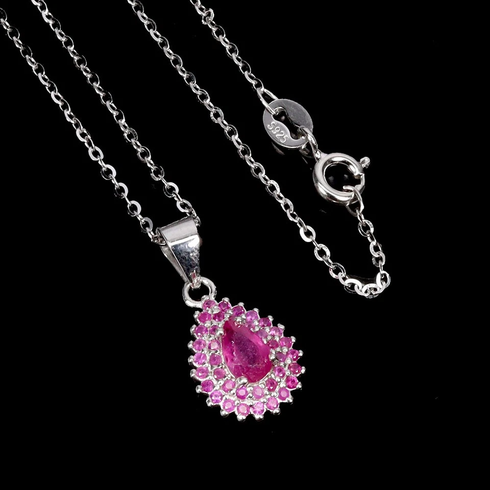 925 Sterling Silver Necklace Pear Ruby 6x4mm Ruby Diamond Cut Gemstone 18inches - Image 2 of 4