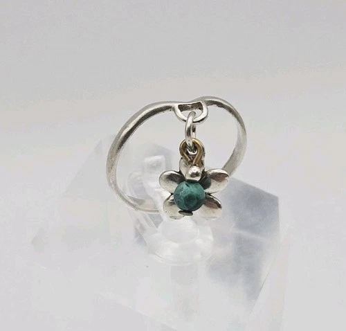 Schube Sterling Silver Vintage Turquoise Bead & Flower Charm Dangle Ring Size 7