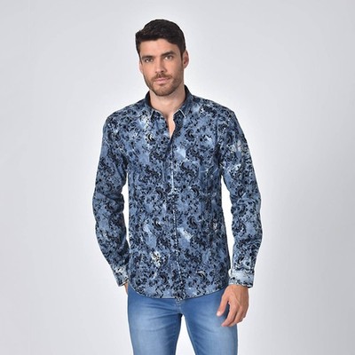 Eight X Distressed Denim Button Down Shirt Navy