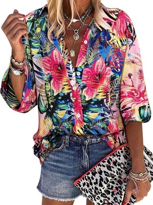 ZXZY Women's Hawaiian Shirts Long Soft Floral Womens Sleeve Tropical Tops Button