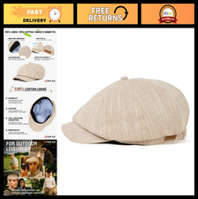 Oversized 8 Panel Natural Linen Newsboy Hat - Lightweight Summer Golf Cap, Eco-F