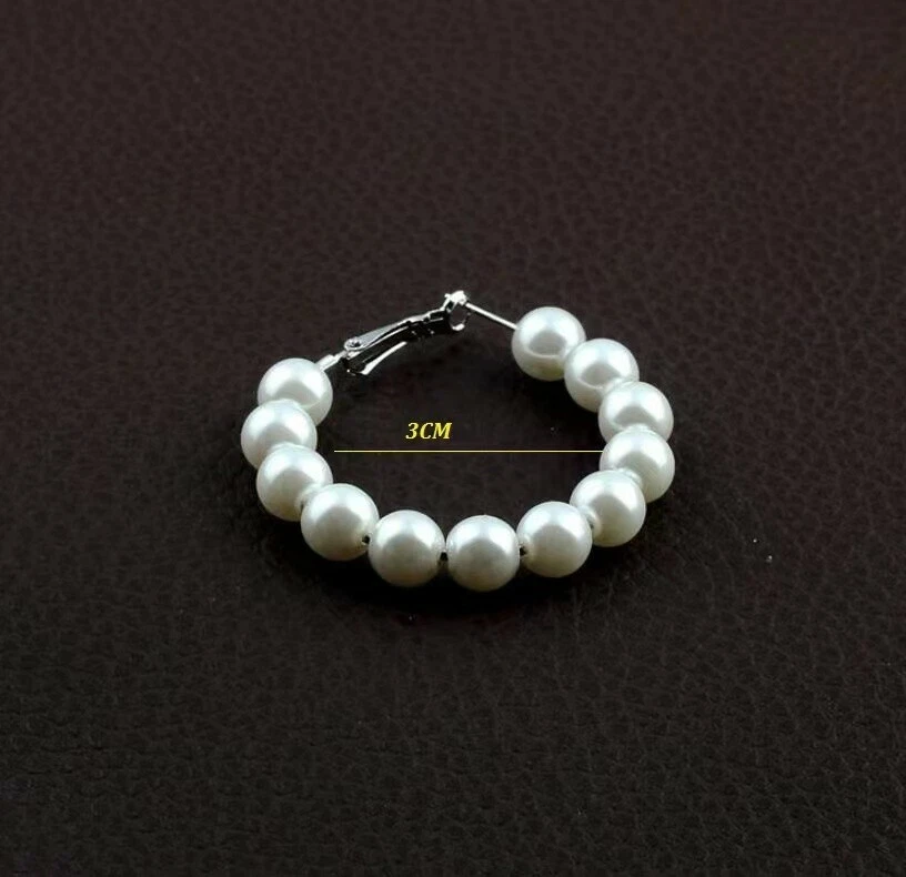 Fashion Women Large Pearl Hoop Circle Earrings Silver Boho Style Earrings Stud - Image 4 of 4