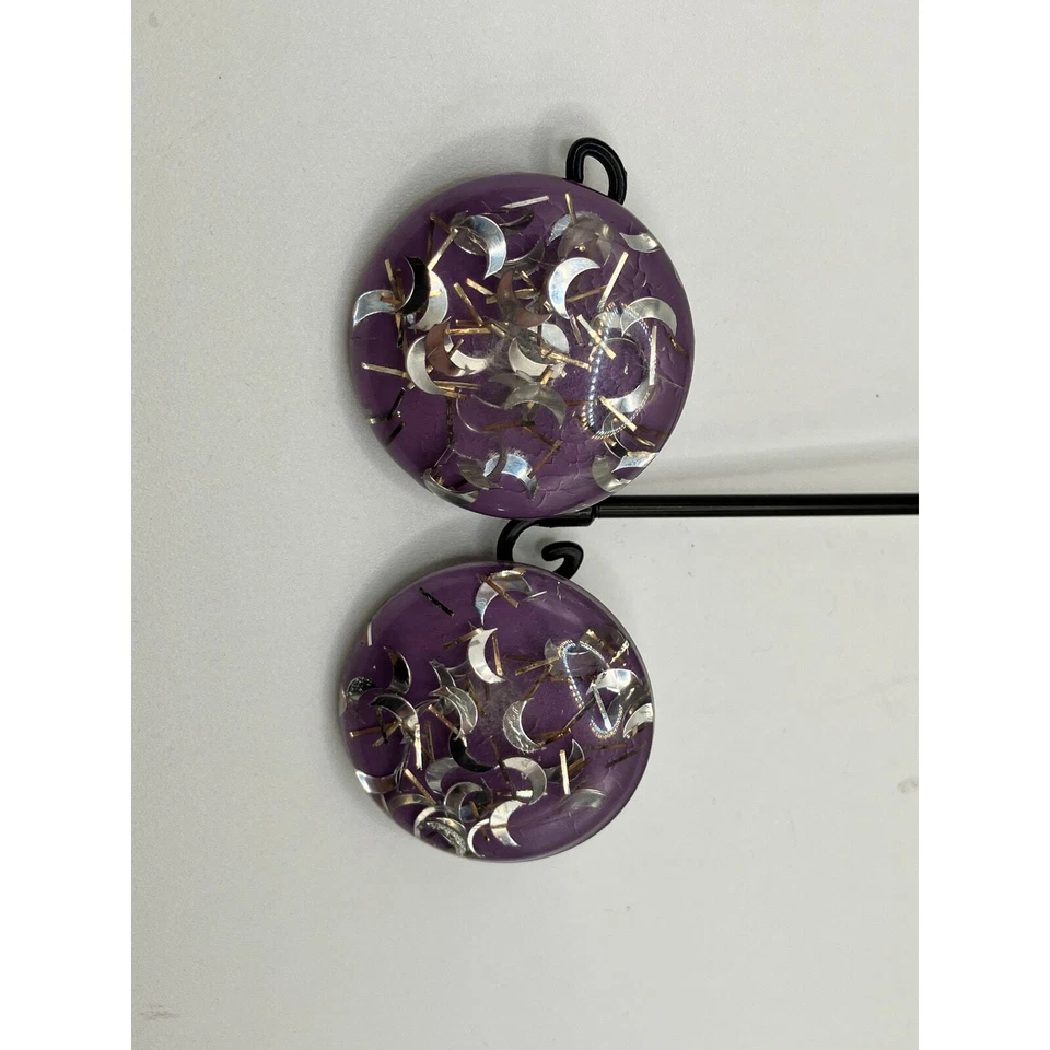 Vintage Purple Resin Encased Silver-Tone Metal and Wood Clip-On Earrings! - Image 4 of 4