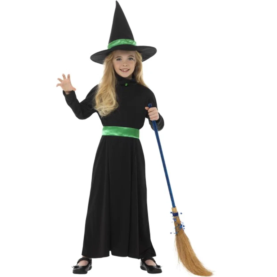 Wicked Witch Costume + Hat Halloween Witches Girls Childrens Fancy Dress S-L — 第 2/2 张图片