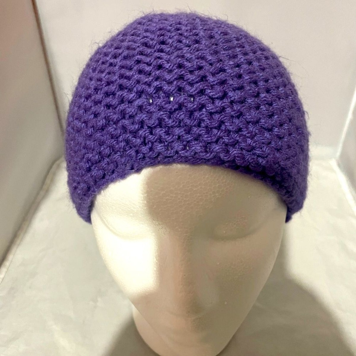 Handmade knit crocheted soft purple beanie skull cap OSFM 