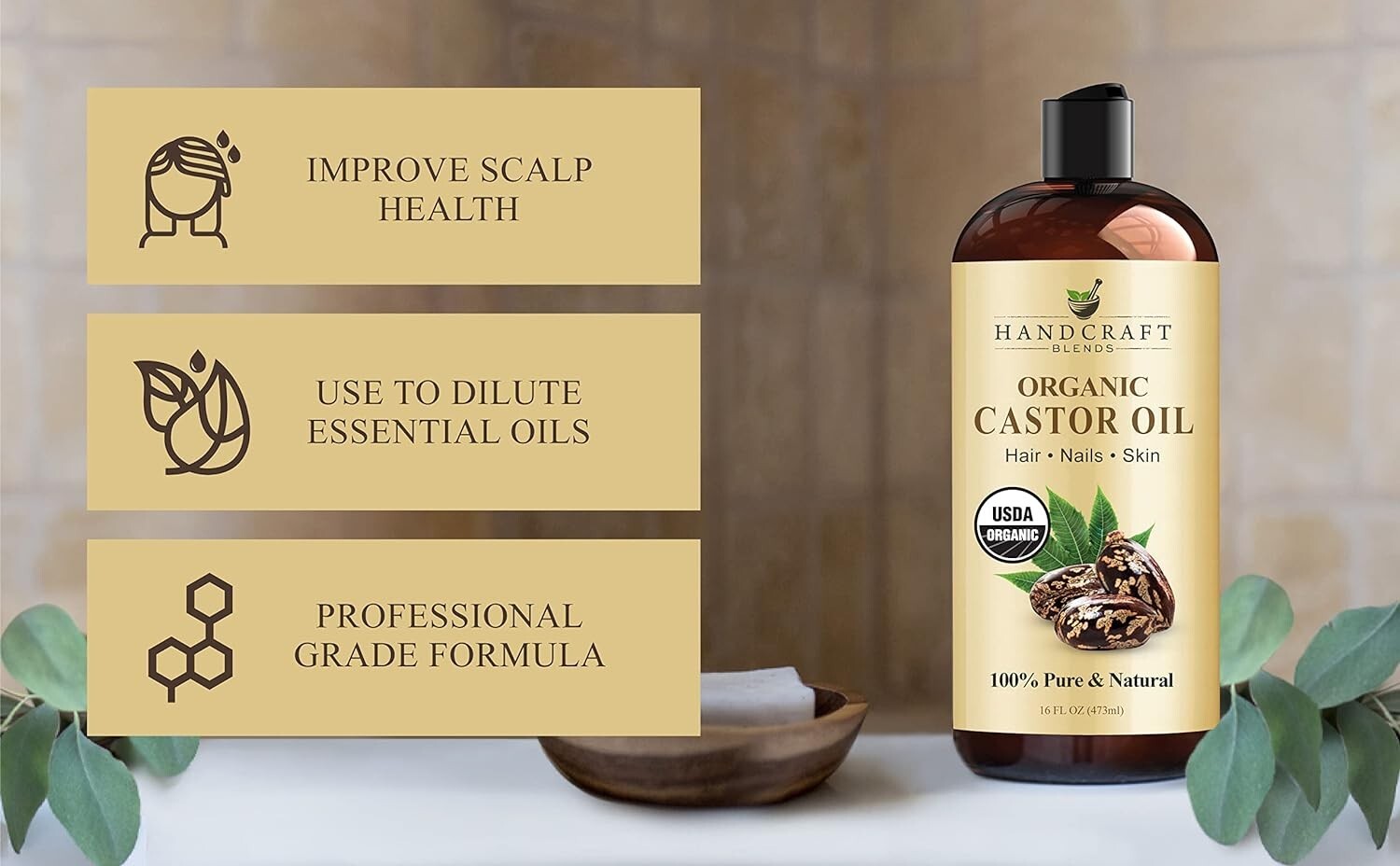 Handcraft Organic Castor Oil for Hair Growth, Eyelashes and Eyebrows - 16 fl. Oz