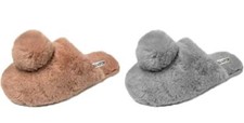 Ellen Tracy Women Ladies Faux Fur House Slippers Pom Pom Detail Slip On Slippers