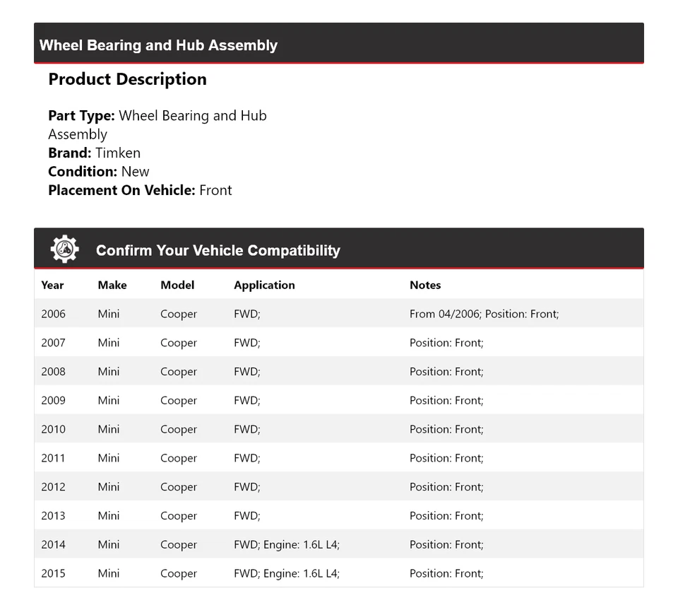 Conjunto de cojinete de rueda y buje delantero Timken 2007 para Mini Cooper 2006-2015 tracción delantera Foto 2 de 4