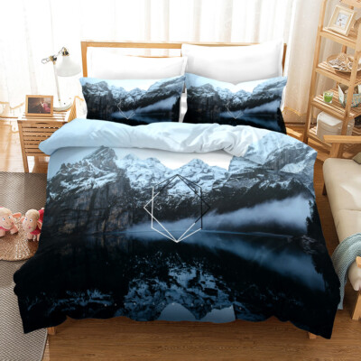 3D Schnee Berge Himmel Wolke Geometrie Quilt Cover Set Bettwäsche Sets Kissen...