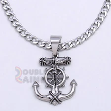 8P37 Men Stainless Steel Silver Anchor Jesus Cross Pendant Cuban Necklace Chain
