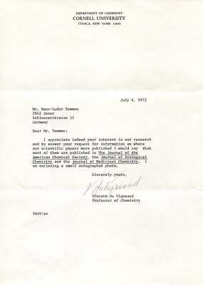 Vincent du Vigneaud autograph, Nobel Prize in Chemistry 1955, typed letter signe