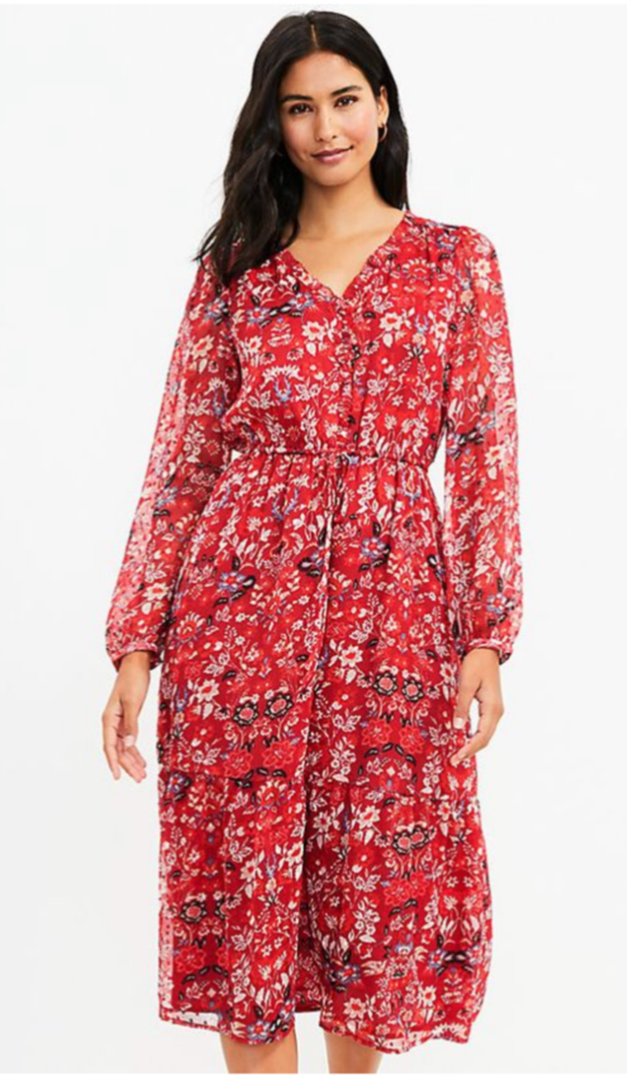 LOFT Red Floral Clip V-Neck Long Sleeve Midi Dress, Size SP | eBay LOFT Red Floral Clip V-Neck Long Sleeve Midi Dress, Size SP | eBay