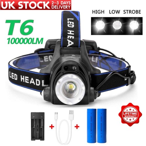 100000LM LED T6 Headlamp Rechargeable Zoom Headlight Head Torch USB Line New UK - Picture 11 of 33
