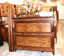 French Antique Louis XV Burled Walnut Full Size Bed With Rails & Slats.