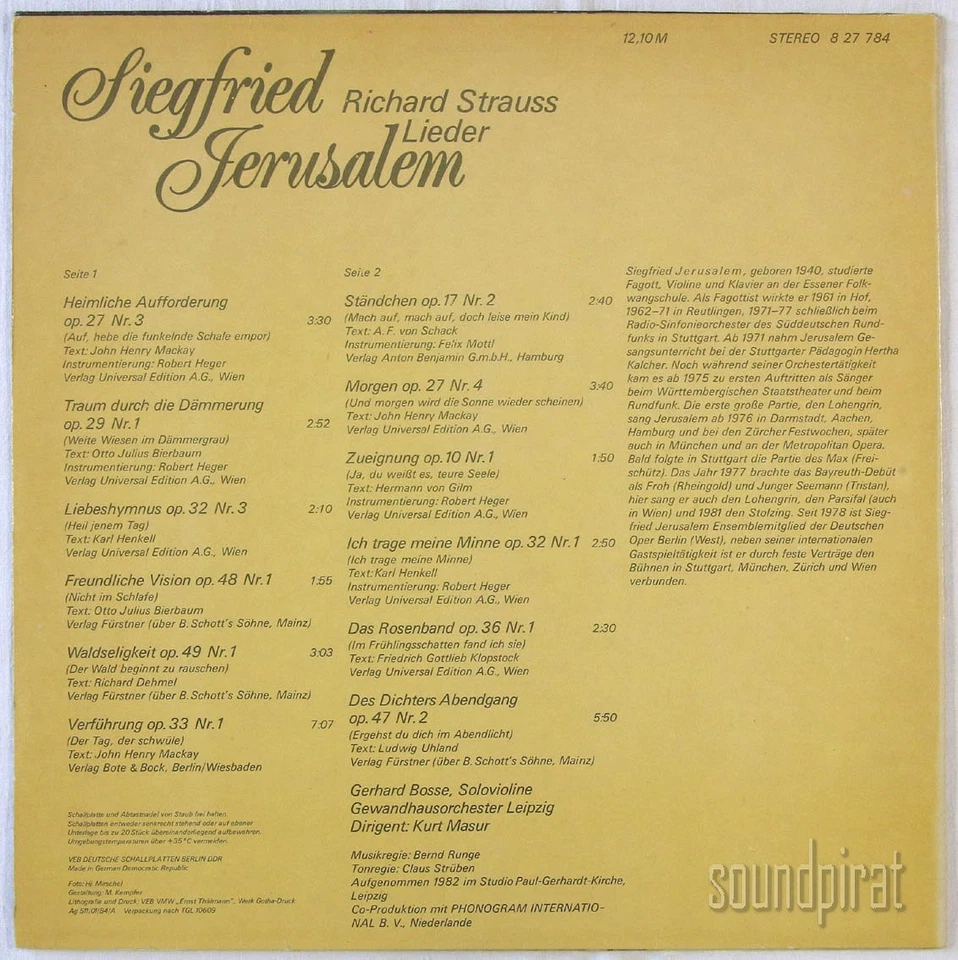 SIEGFRIED JERUSALEM & MASUR RICHARD STRAUSS LIEDER ETERNA ED.1 STEREO 827784 NM - Image 2 of 3