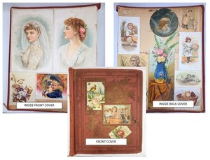Antique Victorian Scrapbook Covers Trade Post Cards Chromos Dogs Cats Ladies