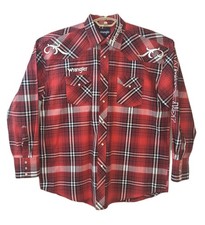 Wrangler Western Pearl Snap Rodeo Logo Shirt Red Plaid Cowboy Mens XL No Sz Tag