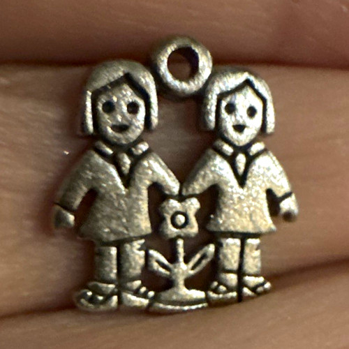 Silver Tone Girl & Girl Charm Finding Metal Pendant, Fits Bracelet or Necklace