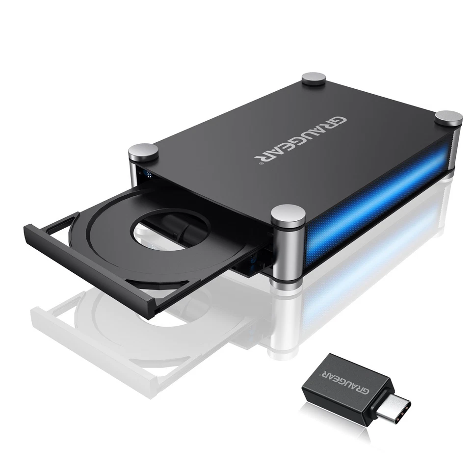 GRAUGEAR Gehäuse 5,25”SATA Laufwerke USB 3.0 und eSATA Anschluss blaue LED USB-C Alu