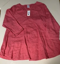 NWT Match Point Top 100% Linen Swing Tunic Blouse Round Neck 3/4 Sleeve USA L