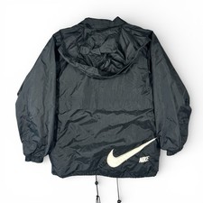Vintage 90  s Nike Windbreaker Hooded Jacket Black White Back Swoosh White Tag M