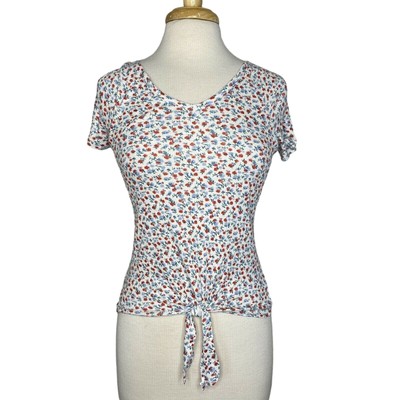 HIPPIE ROSE *NEW* Americana Knit Floral Ivory Tie Front Top XS Red White Blue