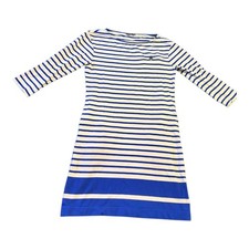 L L Bean Signature Dress 6 S Blue White Stripe Boatneck 3/4 Sleeve Knit Nautical