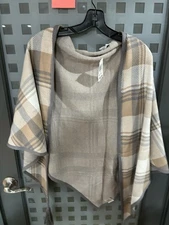 Charter Club Neutral Plaid Fringe Hem Poncho Wrap One Size NWT 