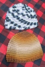 Lot of 2 Crochet HATS BEANIES Tan  Black  White Stretch Caps Handmade NEW