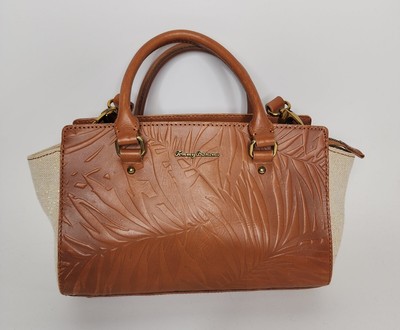 Tommy Bahama Purse Tan Leather Trapezoid Bag Zip Pocket Embossed