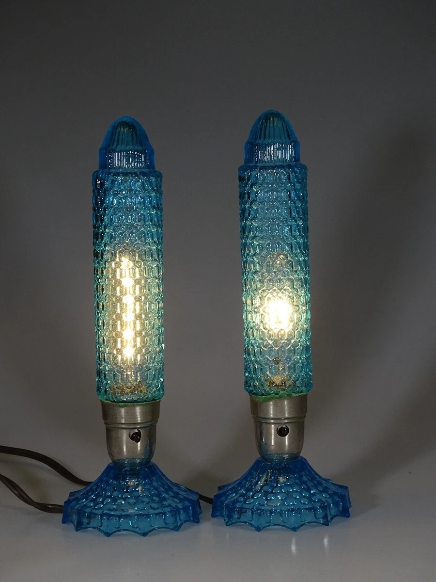 Vintage Deco Houze Glass Ice Blue Glass Skyscraper Torpedo Lamp Set c.1930
