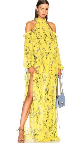 Self Portrait S Dress Floral Yellow Pleated Cold Shoulder Maxi Flowy NEW NWT