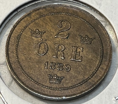 Sweden 1889 Two 2 Ore Almost Uncirculated AU Condition Coin Only 589,000 Minted - Picture 10 of 12