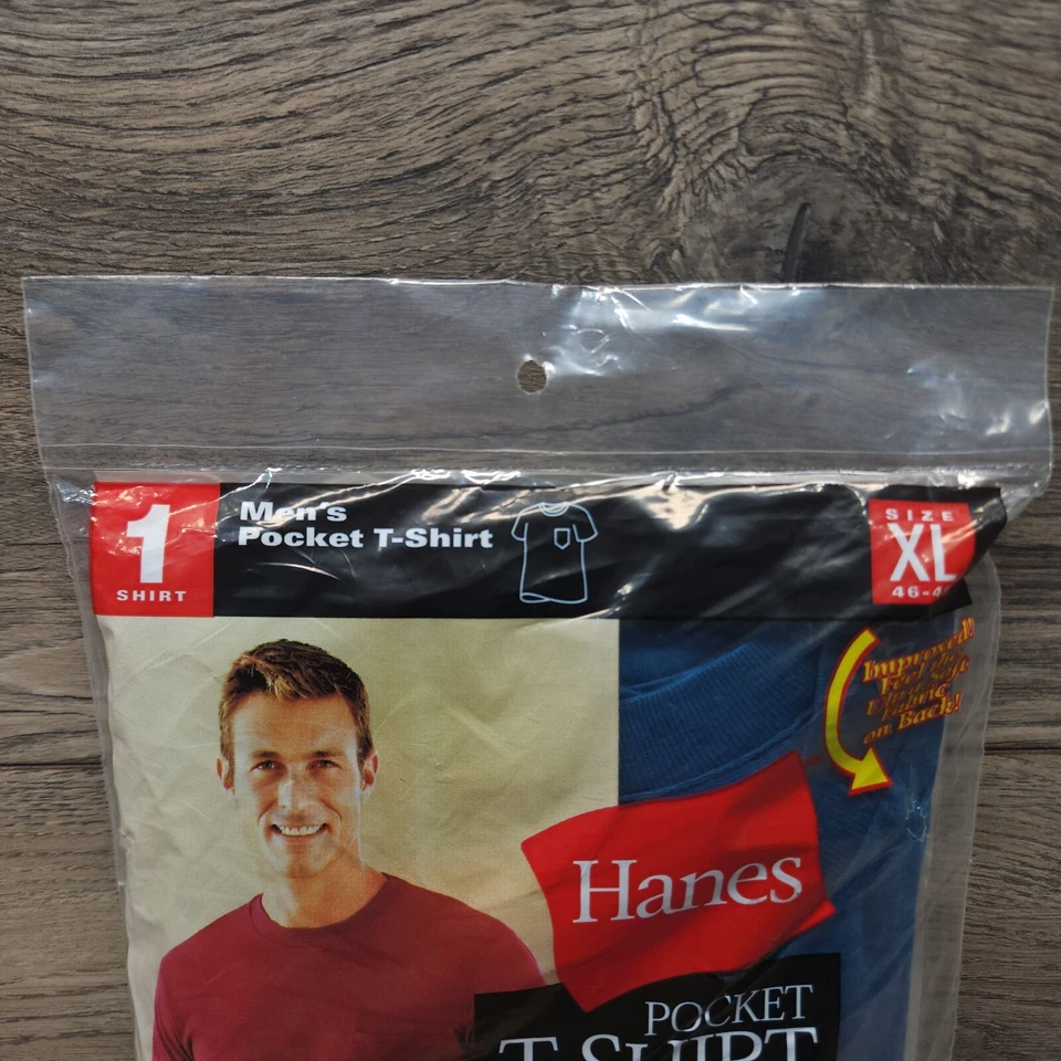 HANES Vintage 2000 Pocket T-Shirt Men's Size XL Blue NOS 1-PACK Soft Fabric  - Image 2 of 4
