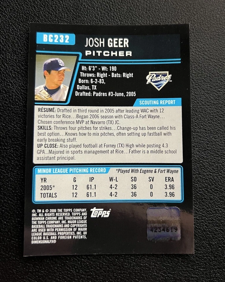 2006 Bowman Chrome Prospects Josh Geer #BC232 Auto Padres - Image 2 of 2