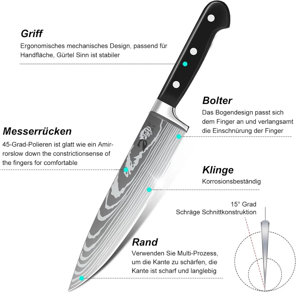 Messerset mit Rolltasche 8-teiliges Profi Küchenmesser Küchenchef Kochmesser DHL - Bild 3 von 4