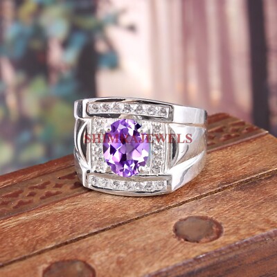 Natural Amethyst Gemstone with 18K White Gold Plated Silver Men's Ring #312
