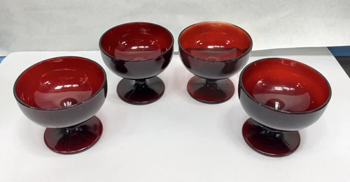 4 Vintage Anchor Hocking Royal Ruby Red Glass Footed Sherbet Dessert Cups Set